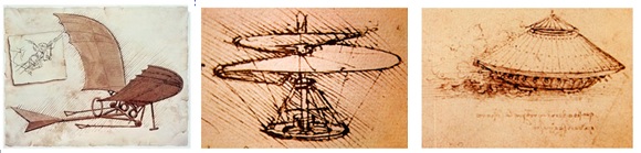 Des inventions de Léonard de Vinci: l'avion, l'hélicoptère et le tank